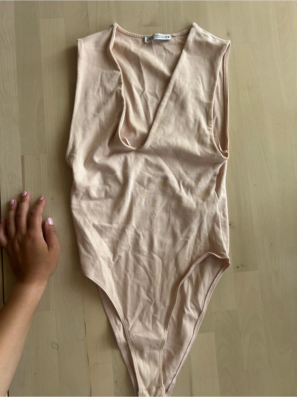 Sleeveless V-Neck Bodysuit in Light Nude by Zara